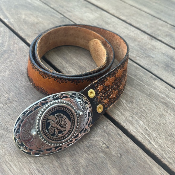 Vintage Belt Buckle Country Western Hand Tooled Brown Leather Silver Eagle 40” - Picture 2 of 10